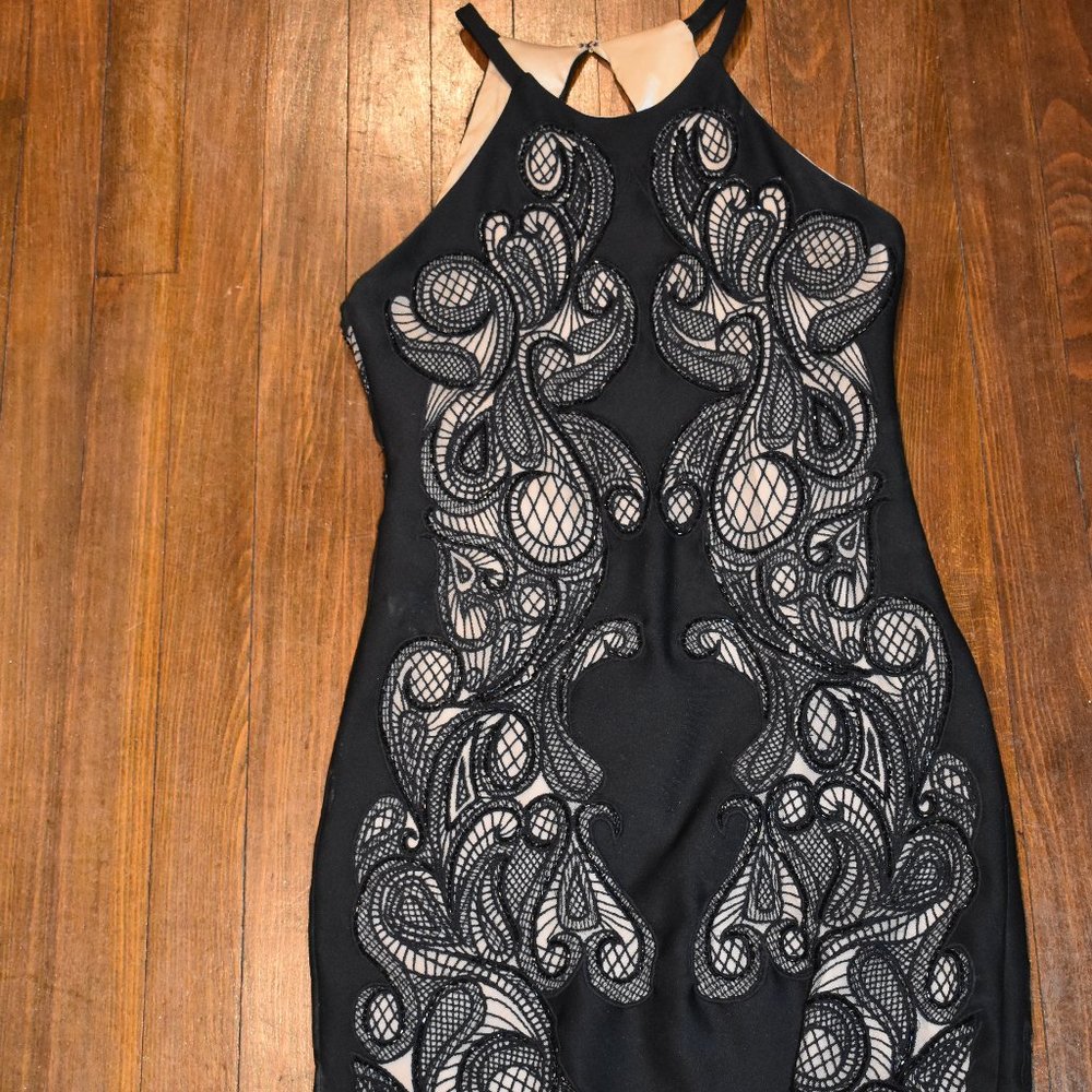 Revolve Black and Nude Beaded High Neck Dress